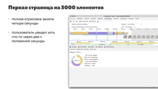 Первая страница на 5000 элементов
• полная отрисовка заняла
четыре секунды
• пользователь увидел хоть
что-то через две с
половиной секунды
 