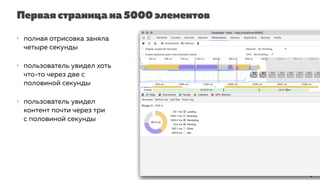 Первая страница на 5000 элементов
• полная отрисовка заняла
четыре секунды
• пользователь увидел хоть
что-то через две с
половиной секунды
• пользователь увидел
контент почти через три
с половиной секунды
 
