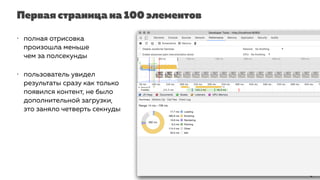 Первая страница на 100 элементов
• полная отрисовка
произошла меньше
чем за полсекунды
• пользователь увидел
результаты сразу как только
появился контент, не было
дополнительной загрузки,
это заняло четверть секнуды
 