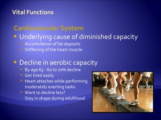 Cardiovascular System
 Underlying cause of diminished capacity
     Accumulation of fat deposits
     Stiffening of the heart muscle

   Decline in aerobic capacity
     By age 65 - 60 to 70% decline
     Get tired easily
     Heart attaches while performing
      moderately exerting tasks
     Want to decline less?
      Stay in shape during adulthood
 