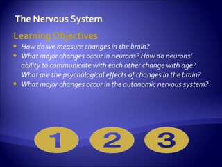 Learning Objectives
   How do we measure changes in the brain?
   What major changes occur in neurons? How do neurons’
    ability to communicate with each other change with age?
    What are the psychological effects of changes in the brain?
   What major changes occur in the autonomic nervous system?
 