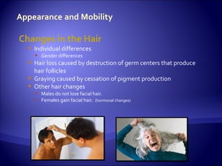 Changes in the Hair
  Individual differences
    Gender differences
  Hair loss caused by destruction of germ centers that produce
   hair follicles
  Graying caused by cessation of pigment production
  Other hair changes
    Males do not lose facial hair.
    Females gain facial hair. (hormonal changes)
 