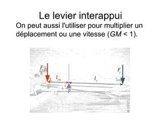 Le levier interappui On peut aussi l'utiliser pour multiplier un déplacement ou une vitesse ( GM  < 1). 