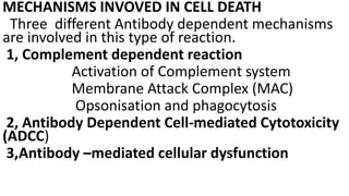 MECHANISMS INVOVED IN CELL DEATH
Three different Antibody dependent mechanisms
are involved in this type of reaction.
1, Complement dependent reaction
Activation of Complement system
Membrane Attack Complex (MAC)
Opsonisation and phagocytosis
2, Antibody Dependent Cell-mediated Cytotoxicity
(ADCC)
3,Antibody –mediated cellular dysfunction
 