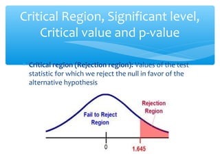 ∗ Critical region (Rejection region): Values of the test
statistic for which we reject the null in favor of the
alternative hypothesis
Critical Region, Significant level,
Critical value and p-value
 