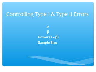Controlling Type I & Type II Errors
α
β
Power (1 – β)
Sample Size
 