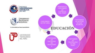 PONTIFICIA
UNIVERSID
AD
CATOLICA
DEL PERÚ
UNIVERSID
AD MAYOR
DE SAN
MARCOS
UNIVERSID
AD
TECNOLÓGI
CA DEL
PERÚ
UNIVERSID
AD
NACIONAL
DE
INGENIERÍ
A
UNIVERSID
AD DE LIMA
 