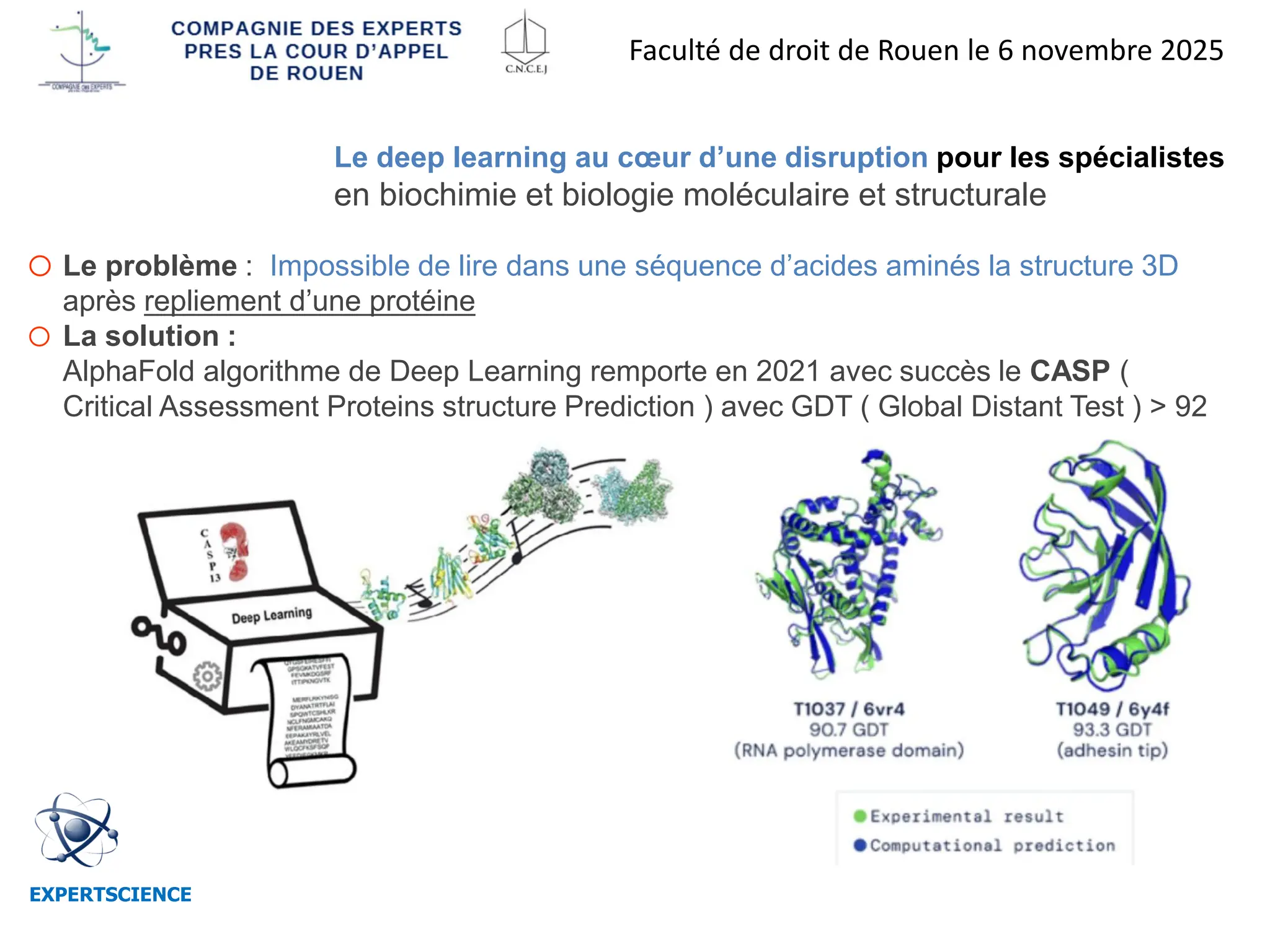 EXPERTSCIENCE
Le deep learning au cœur d’une disruption pour les spécialistes
en biochimie et biologie moléculaire et structurale
o Le problème : Impossible de lire dans une séquence d’acides aminés la structure 3D
après repliement d’une protéine
o La solution :
AlphaFold algorithme de Deep Learning remporte en 2021 avec succès le CASP (
Critical Assessment Proteins structure Prediction ) avec GDT ( Global Distant Test ) > 92
Faculté de droit de Rouen le 6 novembre 2025
 