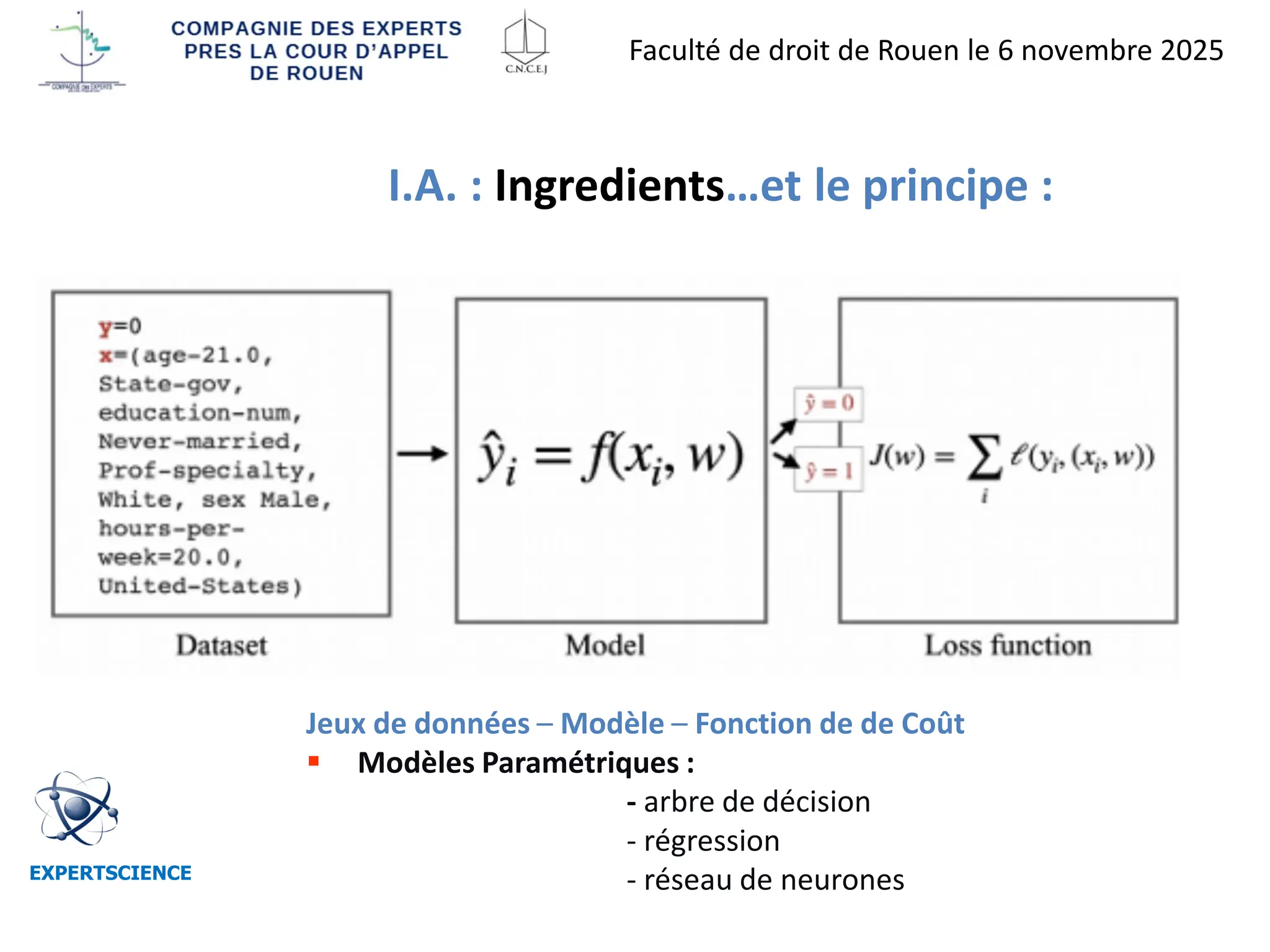 I.A. : Ingredients…et le principe :
EXPERTSCIENCE
Jeux de données – Modèle – Fonction de de Coût
▪ Modèles Paramétriques :
- arbre de décision
- régression
- réseau de neurones
Faculté de droit de Rouen le 6 novembre 2025
 