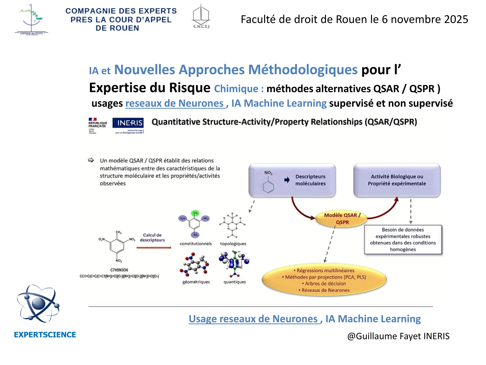 IA et Nouvelles Approches Méthodologiques pour l’
Expertise du Risque Chimique : méthodes alternatives QSAR / QSPR )
usages reseaux de Neurones , IA Machine Learning supervisé et non supervisé
Usage reseaux de Neurones , IA Machine Learning
@Guillaume Fayet INERIS
EXPERTSCIENCE
Faculté de droit de Rouen le 6 novembre 2025
 