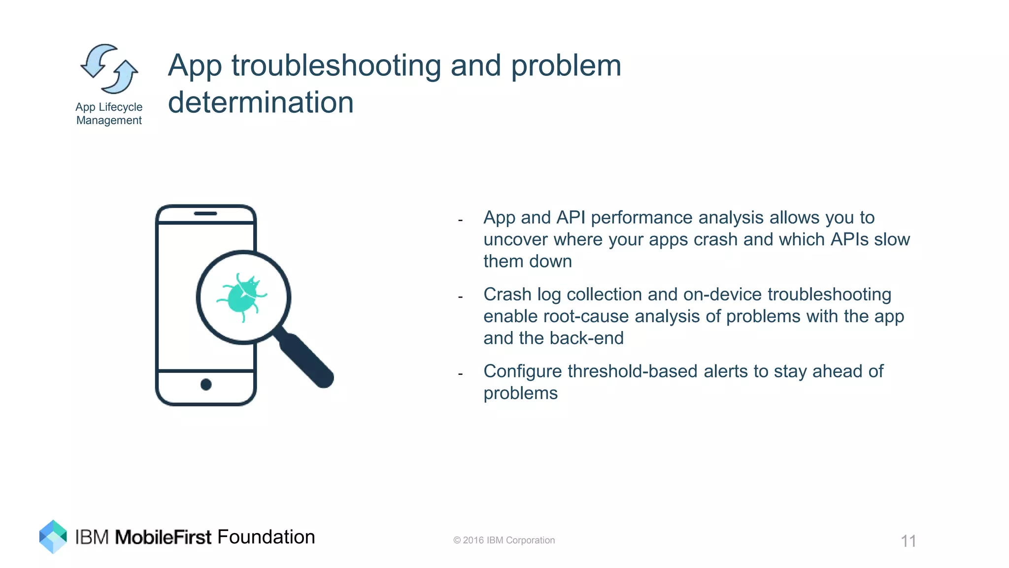 © 2016 IBM Corporation 11Foundation
App troubleshooting and problem
determination
- App and API performance analysis allows you to
uncover where your apps crash and which APIs slow
them down
- Crash log collection and on-device troubleshooting
enable root-cause analysis of problems with the app
and the back-end
- Configure threshold-based alerts to stay ahead of
problems
App Lifecycle
Management
 