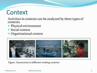 Context
Activities in contexts can be analyzed by three types of
contexts.
 Physical environment
 Social context
 Organ...