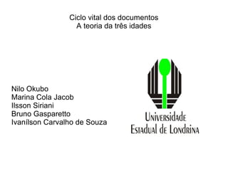 Ciclo vital dos documentos
A teoria da três idades
Nilo Okubo
Marina Cola Jacob
Ilsson Siriani
Bruno Gasparetto
Ivanílson Carvalho de Souza
 