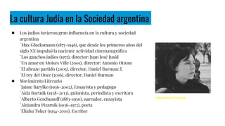 La cultura Judía en la Sociedad argentina
● Los judíos tuvieron gran influencia en la cultura y sociedad
argentina
°Max Glucksmann (1875-1946), que desde los primeros años del
siglo XX impulsó la naciente actividad cinematográfica
°Los gauchos judíos (1975), director: Juan José Jusid
°Un amor en Moises Ville (2001), director: Antonio Ottone
°El abrazo partido (2005), director, Daniel Burman: l.
°El rey del Once (2016), director, Daniel Burman
● Movimiento Literario
°Jaime Barylko (1936-2002), Ensayista y pedagogo
°Aída Bortnik (1938-2013), guionista, periodista y escritora
°Alberto Gerchunoff (1883-1950), narrador, ensayista
°Alejandra Pizarnik (1936-1972), poeta
°Eliahu Toker (1934-2010), Escritor
Alejandra Pizarnik
 