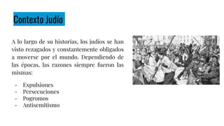 Contexto Judío
A lo largo de su historias, los judíos se han
visto rezagados y constantemente obligados
a moverse por el mundo. Dependiendo de
las épocas, las razones siempre fueron las
mismas:
- Expulsiones
- Persecuciones
- Pogromos
- Antisemitismo
Una imagen de una multitud furiosa atacando a judíos
después de que alguien lanzara una bomba durante la
procesión de Christian Corpus Domini en Białystok
 