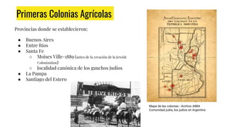 Provincias donde se establecieron:
● Buenos Aires
● Entre Ríos
● Santa Fe
○ Moises Ville-1889 (antes de la creación de la Jewish
Colonization)
○ localidad canónica de los gauchos judíos
● La Pampa
● Santiago del Estero
Primeras Colonias Agrícolas
Mapa de las colonias - Archivo AMIA
Comunidad judía, los judíos en Argentina
 