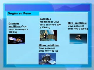 Según su Peso 
Grandes satélites: Cuyo peso sea mayor a 1000 kg 
Satélites medianos: Cuyo peso sea entre 500 y 1000 kg 
Mini satélites: Cuyo peso sea entre 100 y 500 kg 
Micro satélites: Cuyo peso sea entre 10 y 100 kg  