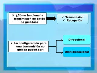 ¿Cómo funciona la transmisión de datos no guiados? 
Transmisión 
Recepción 
La configuración para una transmisión no guiada puede ser: 
Omnidireccional 
Direccional  