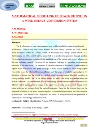 MATHEMATICAL MODELLING OF POWER OUTPUT IN A WIND ENERGY CONVERSION ...