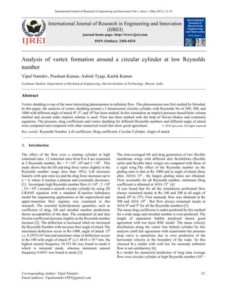 Analysis of vortex formation around a circular cylinder at low Reynolds ...
