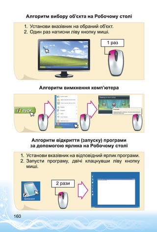 160
Алгоритм вибору об’єкта на Робочому столі
1.	 Установи вказівник на обраний об’єкт.
2.	Один раз натисни ліву кнопку миші.
1 раз
Алгоритм вимкнення комп’ютера
Алгоритм відкриття (запуску) програми
за допомогою ярлика на Робочому столі
2 рази
1.	 Установи вказівник на відповідний ярлик програми.
2.	Запусти програму, двічі клацнувши ліву кнопку
миші.
 