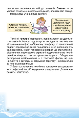 34
допомогою визначеного набору символів. Символ  – це
умовне позначення якогось предмета, поняття або явища.
Наприклад, учень пише диктант.
Зберігає пові­
дом­лення, коду­
ючи його симво­
лами україн­
ського алфавіту.
Отримує повідом­
лення за допомогою
звуків.
Технічні пристрої передають повідомлення за допомо­
гою сигналів. Наприклад, якщо ви передаєте текстове по­
відомлення (смс) по мобільному телефону, то телефонний
апарат перетворює текст повідомлення на послідовність
радіосигналів. Інший телефонний апарат, що сприймає по­
відомлення, перетворює отримані радіосигнали на послі­
довність літер, які і зможе прочитати адресат. Обидва пе­
ретворення повідомлення  – з текстової форми на сиг­
нальну та із сигнальної форми на текстову – виконуються
за певними правилами.
У багатьох сучасних технічних пристроях використову­
ють цифровий спосіб кодування повідомлень. До них на­
лежить і комп’ютер.
 
