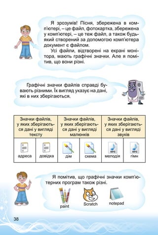 38
Я зрозумів! Пісня, збережена в ком­
п’ютері, – це файл, фотокартка, збережена
у комп’ютері, – це теж файл, а також будь-
який створений за допомогою комп’ютера
документ є файлом.
Усі файли, відтворені на екрані моні­
тора, мають графічні значки. Але я помі­
тив, що вони різні.
Графічні значки файлів справді бу­
вають різними. Їх вигляд указує на дані,
які в них зберігаються.
Значки файлів,
у яких зберігають­
ся дані у вигляді
тексту
Значки файлів,
у яких зберігають­
ся дані у вигляді
малюнків
Значки файлів,
у яких зберігають­
ся дані у вигляді
звуків
адреса довідка дім схема мелодія гімн
Я помітив, що графічні значки комп’ю­
терних програм також різні.
paint
Scratch notepad
 