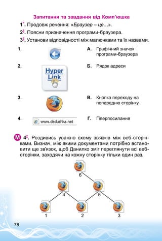 78
Запитання та завдання від Комп’юшка
1 . Продовж речення: «Браузер – це…».
2 . Поясни призначення програми-браузера.
3 . Установи відповідності між малюнками та їх назвами.
1. А. Графічний значок
програми-браузера
2. Б. Рядок адреси
3. В. Кнопка переходу на
поперед­ню сторінку
4. Г. Гіперпосилання
  4 . Роздивись уважно схему зв’язків між веб-сторін­
ками. Визнач, між якими документами потрібно встано­
вити ще зв’язок, щоб Данилко зміг переглянути всі веб-
сторінки, заходячи на кожну сторінку тільки один раз.
6
4
1 2 3
5
 