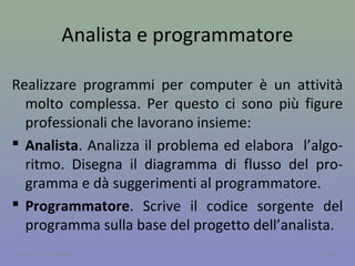 Verifica se hai capito…
Domande di verifica:
 Da che cosa è costituito un programma?
 Illustra i due costrutti principali della programmazione:
condizione e ciclo.
 Che cosa fanno l’analista e il programmatore?
 Illustra i tipi di software gratuiti e a pagamento.
28A cura di Jacques Bottel
 