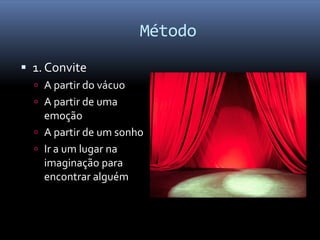 Método
 1. Convite
   A partir do vácuo
   A partir de uma
    emoção
   A partir de um sonho
   Ir a um lugar na
    imaginação para
    encontrar alguém
 