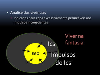  Análise das vivências
   Indicadas para egos excessivamente permeáveis aos
    impulsos inconscientes


                                    Viver na
                          Ics       fantasia
               EGO           Impulsos
                               do Ics
                                    Sem contato com a
                                        realidade
 