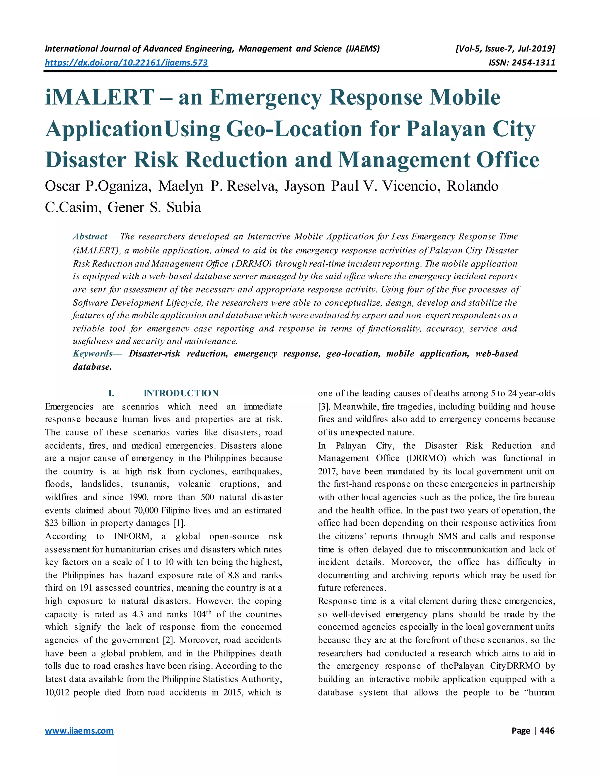 iMALERT – an Emergency Response Mobile ApplicationUsing Geo-Location ...