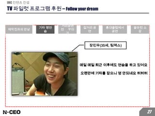 TV 파일럿 프로그램 후원 – Follow your dream
IMC 컨텐츠 컨셉
27
매일 매일 퇴근 이후에도 연습을 하고 있어요
오랜만에 기타를 잡으니 영 안되네요 허허허
장민우(35세, 팀맥스)
제작진과의 만남
기타 맹연
습
거리공연
전 꾸미
기
길거리 공
연
홍대클럽에서
공연
끝마친 소
감
 
