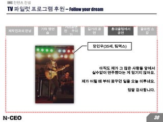 TV 파일럿 프로그램 후원 – Follow your dream
IMC 컨텐츠 컨셉
30
아직도 제가 그 많은 사람들 앞에서
실수없이 연주했다는 게 믿기지 않아요.
제가 어릴 때 부터 꿈꾸던 일을 오늘 이루네요.
정말 감사합니다.
장민우(35세, 팀맥스)
제작진과의 만남
기타 맹연
습
거리공연
전 꾸미
기
길거리 공
연
홍대클럽에서
공연
끝마친 소
감
 