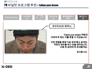 TV 파일럿 프로그램 후원 – Follow your dream
IMC 컨텐츠 컨셉
31
Follow your dream 덕분에
저에게 딱 맞는 저를 찾을 수 있었습니다.
이번 경험을 평생 가슴 속에 품고 살게요.
직장인 밴드를 하나 만들 생각입니다.
다음 번 공연에 꼭 초대할게요.
감사합니다.
장민우(35세, 팀맥스)
제작진과의 만남
기타 맹연
습
거리공연
전 꾸미
기
길거리 공
연
홍대클럽에서
공연
끝마친 소
감
 