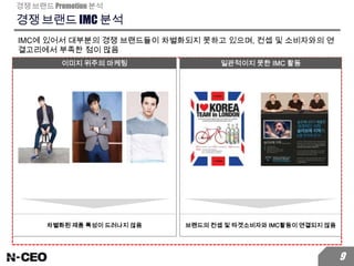 경쟁 브랜드 IMC 분석
IMC에 있어서 대부분의 경쟁 브랜드들이 차별화되지 못하고 있으며, 컨셉 및 소비자와의 연
결고리에서 부족한 점이 많음
경쟁 브랜드 Promotion 분석
9
이미지 위주의 마케팅 일관적이지 못한 IMC 활동
차별화된 제품 특성이 드러나지 않음 브랜드의 컨셉 및 타겟소비자와 IMC활동이 연결되지 않음
 