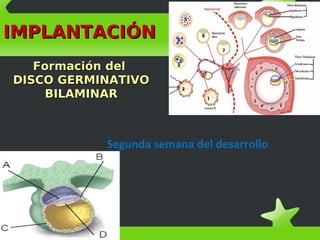 IMPLANTACIÓNIMPLANTACIÓN
Formación delFormación del
DISCO GERMINATIVODISCO GERMINATIVO
BILAMINARBILAMINAR
Segunda semana del desarrollo
 