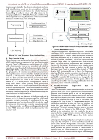 International Journal of Trend in Scientific Research and Development (IJTSRD) @ www.ijtsrd.com eISSN: 2456-6470
@ IJTSRD | Unique Paper ID – IJTSRD40028 | Volume – 5 | Issue – 4 | May-June 2021 Page 13
location step is liable for the element extraction to perform
path identification, which can be accomplished utilizing
either edge recognition calculations like Sobel or Canny, or
thresholding procedures joined with edge discovery by
applying neighborhood-AND [12]. At last, the path following
advance permits assessing the situation of the vehicle andits
demeanor from the focal point of the path.
Figure 5.1: Lane departure detection flowchart
6. Experimental Setup
The preliminarycourseofactioninvolvesanitemframework,
which is a deliberate arrangement offourspecificsections,as
shown in Figure 7.1. The structure partinsinuatesthevehicle
with a front-mounted camera in a turnpike track, which is
reproduced using the virtual robotexperimentationstage(V-
REP) [28]. V-REP is a robot diversionframeworkthatenables
the progression of complex reenactment circumstances,
allowing the control component of the multiplication to be
external. As outside control substance, V-REP's far off API is
used in a client specialist plan, in which the laborer is the V-
REP multiplication and client is the control component
written in C++. V-REP's planned correspondence action is
being used, which allows passing every propagation
adventure inside V-REP in full synchronization with the
externalcontrolcomponent.Therelationshipwiththevehicle
is limited to isolating the image taken by the camera and
setting the coordinating point by in like manner setting the
rotational speed of the front wheels.
The controller is the last fragment of the framework and is
written in C++. It shows the components of the vehicle and
completes a relative controller. It interfaces with the way
distinguishing proof portion, from which it gets the equal
deviation, and determines the essential managing point to
keep the vehicle in the way. The controlling point is, then,fed
to the V-REP diversion, which is fundamental for the
structure part.
Figure 6.1: Software framework of experimental setup
7. APPLICATION PROFILING
The profiling pipeline is depicted in Figure 8.1. The system
and camera blocks insinuate the veritable vehicle inside the
amusement and its camera. They are depicted to have a
helicopter viewpoint all in all application and show the
significance of each and every one of the overabundance
squares. Those reflect the execution times that each and
every one of the urgent modules that were explained in
Section 7.1. The solitary development is the erev isp block,
which reflect, the time expected to explore the ISP in a
backward style. This is to vanquished the obstacle of V-REP
to give RAW pictures and is out of degree for the genuine
star ling. The first genuine execution time to pro le is the
eisp, which is the hour of the forward ISP pipeline. It is the
certifiable reason for ISP assessment and changes for the
different pipeline structures. At that point, eld is the
execution period of the way area stageand,finally,eibcisthe
execution period of the IBC controller.
8. Quality-of-Control Degradation due to
Approximation.
The ISP of the camera sensor isapproximatedtoevaluatethe
possible show gains for the application. Each approximated
pipeline skips different parts of the ISP and prompts a
different yield picture that is, by then, used by the way area
figuring in the application stream. The difference between
the various pipelines lies true to form of corruption they
achieve to the yield picture. To check this degradation, the
yield of each pipeline is stood out from the standard v0,
using the apex signal-to-racket extent (PSNR) as an
estimation. This grants to gauge the mean squared screw up
per pixel and per channel of the RGB picture. PSNR was
picked as the estimation, since its results for the given
course of action of approximated pictures follow the human
understanding. Higher PSNR regards show better picture
diversion.
At that point, the impact of picture corruption is analyzed. In
any case, the corruption is shown as tedious sound, the
result for the decided change on the comparable dataset for
all approximations. This licenses to broaden a theoretical
reach, wherein the genuine outcome of a reenactment is
ordinary. Last, the reenactment of the entire application is
run for all pipelines, without considering the time redesigns,
 