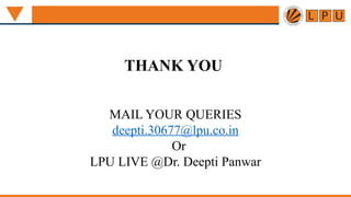 THANK YOU
MAIL YOUR QUERIES
deepti.30677@lpu.co.in
Or
LPU LIVE @Dr. Deepti Panwar
 