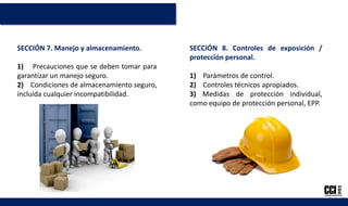 SECCIÓN 8. Controles de exposición /
protección personal.
1) Parámetros de control.
2) Controles técnicos apropiados.
3) Medidas de protección individual,
como equipo de protección personal, EPP.
SECCIÓN 7. Manejo y almacenamiento.
1) Precauciones que se deben tomar para
garantizar un manejo seguro.
2) Condiciones de almacenamiento seguro,
incluida cualquier incompatibilidad.
 