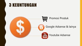 3 KEUNTUNGAN
Promosi Produk
Google Adsense & lainya
Youtube Adsense
 
