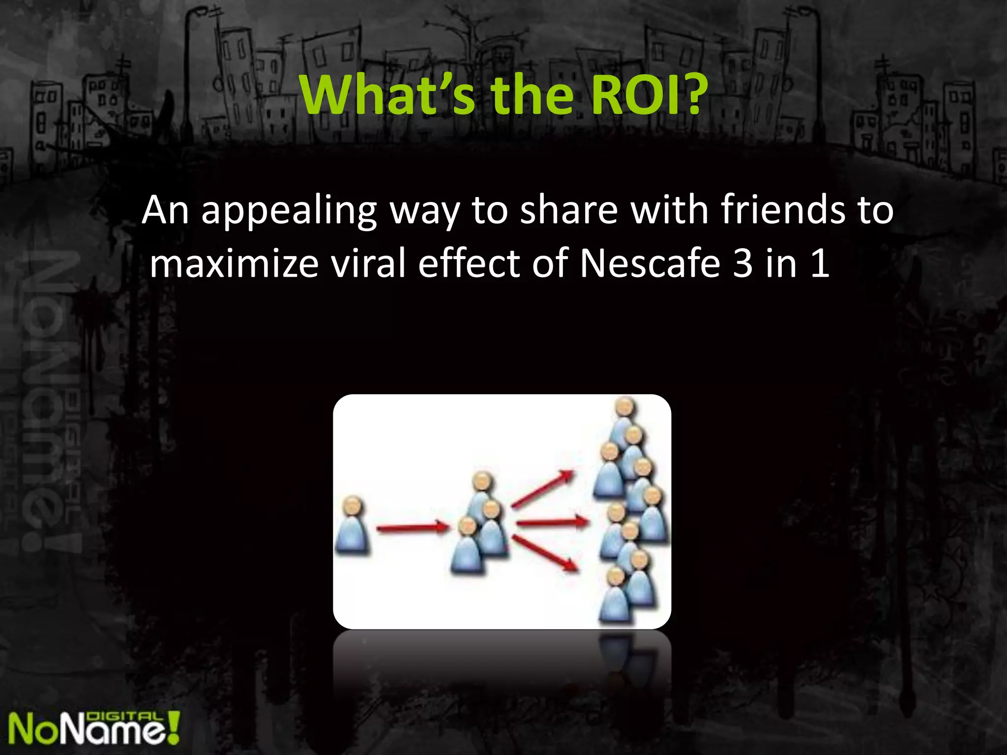 What’s the ROI?
An appealing way to share with friends to
maximize viral effect of Nescafe 3 in 1
 