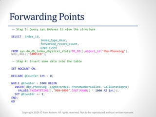 Copyright 2014 © Ram Kedem. All rights reserved. Not to be reproduced without written consent 
Forwarding Points 
-- Step 3: Query sys.indexes to view the structure 
SELECT index_id, 
index_type_desc, 
forwarded_record_count, 
page_count 
FROM sys.dm_db_index_physical_stats(DB_ID(),object_id('dbo.PhoneLog'), NULL,NULL,'SAMPLED'); 
-- Step 4: Insert some data into the table 
SET NOCOUNT ON; 
DECLARE @Counter int = 0; 
WHILE @Counter < 1000 BEGIN 
INSERT dbo.PhoneLog (LogRecorded, PhoneNumberCalled, CallDurationMs) 
VALUES(SYSDATETIME(),'999-9999',CAST(RAND() * 1000 AS int)); 
SET @Counter += 1; 
END; 
GO  