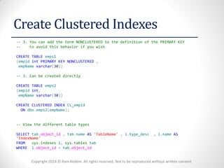 Copyright 2014 © Ram Kedem. All rights reserved. Not to be reproduced without written consent 
Create Clustered Indexes 
-- 3. You can add the term NONCLUSTERED to the definition of the PRIMARY KEY 
-- to avoid this behavior if you wish 
CREATE TABLE emps1 
(empid int PRIMARY KEY NONCLUSTERED , 
empName varchar(30)) 
-- 3. Can be created directly 
CREATE TABLE emps2 
(empid int, 
empName varchar(30)) 
CREATE CLUSTERED INDEX CL_empid 
ON dbo.emps2(empName); 
-- View the different table types 
SELECT tab.object_id , tab.name AS 'TableName' , i.type_desc , i.name AS 'IndexName' 
FROM sys.indexes i, sys.tables tab 
WHERE i.object_id = tab.object_id  