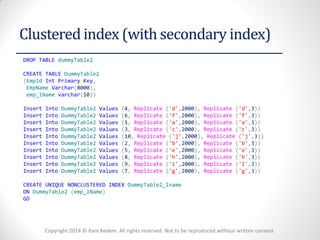 Copyright 2014 © Ram Kedem. All rights reserved. Not to be reproduced without written consent 
Clustered index (with secondary index) 
DROP TABLE dummyTable2 
CREATE TABLE DummyTable2 
(EmpId Int Primary Key, 
EmpName Varchar(8000), 
emp_lName varchar(10)) 
Insert Into DummyTable2 Values (4, Replicate ('d',2000), Replicate ('d',3)) 
Insert Into DummyTable2 Values (6, Replicate ('f',2000), Replicate ('f',3)) 
Insert Into DummyTable2 Values (1, Replicate ('a',2000), Replicate ('a',3)) 
Insert Into DummyTable2 Values (3, Replicate ('c',2000), Replicate ('c',3)) 
Insert Into DummyTable2 Values (10, Replicate ('j',2000), Replicate ('j',3)) 
Insert Into DummyTable2 Values (2, Replicate ('b',2000), Replicate ('b',3)) 
Insert Into DummyTable2 Values (5, Replicate ('e',2000), Replicate ('e',3)) 
Insert Into DummyTable2 Values (8, Replicate ('h',2000), Replicate ('h',3)) 
Insert Into DummyTable2 Values (9, Replicate ('i',2000), Replicate ('i',3)) 
Insert Into DummyTable2 Values (7, Replicate ('g',2000), Replicate ('g',3)) 
CREATE UNIQUE NONCLUSTERED INDEX DummyTable2_lname 
ON DummyTable2 (emp_lName) 
GO 
 
