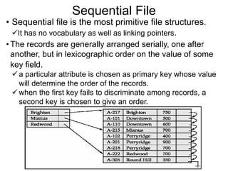 Sequential File
• Sequential file is the most primitive file structures.
It has no vocabulary as well as linking pointers.
• The records are generally arranged serially, one after
another, but in lexicographic order on the value of some
key field.
a particular attribute is chosen as primary key whose value
will determine the order of the records.
when the first key fails to discriminate among records, a
second key is chosen to give an order.
 