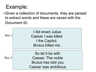 • Given a collection of documents, they are parsed
to extract words and these are saved with the
Document ID.
I did enact Julius
Caesar I was killed
I the Capitol;
Brutus killed me.
Doc 1
So let it be with
Caesar. The noble
Brutus has told you
Caesar was ambitious
Doc 2
Example:
 