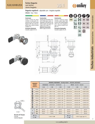57
www.unikey.ind.br
fechosindustriaisindustriallatchescierresindustriales
20.1
INSERTO
INSERT
INSERTO
FRONTAL REDONDO – ROUND FRONT – FRONTAL REDONDO
CROMADO – CHROMED – CROMADO PRETO – BLACK – NEGRO
C 20 C 30 C 40 C 20 C 30 C 40
FE-2,0 A.100.111.230 A.300.111.240 A.500.111.250 A.100.122.230 A.300.122.240 A.500.122.250
UN-D3 A.100.711.230 A.300.711.240 A.500.711.250 A.100.722.230 A.300.722.240 A.500.722.250
UN-D5 A.100.A11.230 A.300.A11.240 A.500.A11.250 A.100.A22.230 A.300.A22.240 A.500.A22.250
QD-8,0 A.100.311.230 A.300.311.240 A.500.311.250 A.100.322.230 A.300.322.240 A.500.322.250
TR-7,0 A.100.F11.230 A.300.F11.240 A.500.F11.250 A.100.F22.230 A.300.F22.240 A.500.F22.250
TR-8,0 A.100.411.230 A.300.411.240 A.500.411.250 A.100.422.230 A.300.422.240 A.500.422.250
SE-11 A.100.811.230 A.300.811.240 A.500.811.250 A.100.822.230 A.300.822.240 A.500.822.250
SI-6,0 A.100.911.230 A.300.911.240 A.500.911.250 A.100.922.230 A.300.922.240 A.500.922.250
CW-11 A.100.K11.230 A.300.K11.240 A.500.K11.250 A.100.K22.230 A.300.K22.240 A.500.K22.250
H
Min 30 mm 40 mm 50 mm 30 mm 40 mm 50 mm
Max 40 mm 50 mm 60 mm 40 mm 50 mm 60 mm
ts Max 8 mm 18 mm 28 mm 8 mm 18 mm 28 mm
DL = 0
A.100.111.230
DL ≠ 0
A.100.111.yyy page 115.
L = 45 L ≠≠ 45
fechos lingueta
cam latches
cierres lengüeta
FL20,1LR-RD-ZCH
lingueta regulável – adjustable cam – lengüeta regulable
chaves – keys – llaves
Construção
Corpo e inserto em zamac
cromado ou epóxi preto. Tra-
vamento em aço 1020 zincado,
lingueta LP45. Para outras lin-
guetas, tipos e alturas consulte
a página 115.
Acessórios Opcionais
Consulte a página 29 e 30.
Construction
Housing and insert built in chro-
med or black epoxi zamac. Lo-
ckingbuiltin1020steelzinc,cam
LP45. For other cams, types and
heights refer to page 115.
Optional Accessories
Refer to page 29 and 30.
Construcción
Carcasa e inserto en zamac
cromado o epoxi negro. Traba
enacero1020cincado,lengüeta
LP45. Para otras lengüetas,
tipos y alturas consulte la pá-
gina 115.
Accesorios Opcionales
Consulte la página 29 y 30.
Recorte de ﬁxação
Cut out
Corte de ﬁjación
 