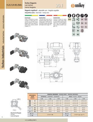 62
Lorem ipsum dolor
Lorem ipsum dolor
Lorem ipsum dolor
www.unikey.ind.br
fechosindustriaisindustriallatchescierresindustriales
20.1
MAÇANETA
KNOB
MANIJA
FRONTAL REDONDO – ROUND FRONT – FRONTAL REDONDO
CROMADO – CHROMED – CROMADO PRETO – BLACK – NEGRO
C 20 C 30 C 40 C 20 C 30 C 40
BD A.105.011.230 A.305.011.240 A.505.011.250 A.105.022.230 A.305.022.240 A.505.022.250
2p 1s A.105.511.230 A.305.511.240 A.505.511.250 A.105.522.230 A.305.522.240 A.505.522.250
2p Vs A.105.D11.230 A305.D11.240 A.505.D11.250 A.105.D22.230 A.305.D22.240 A.505.D22.250
H
Min 30 mm 40 mm 50 mm 30 mm 40 mm 50 mm
Max 40 mm 50 mm 60 mm 40 mm 50 mm 60 mm
ts Max 8 mm 18 mm 28 mm 8 mm 18 mm 28 mm
DL = 0
A.105.011.230
DL ≠ 0
A.105.011.yyy page 115.
L = 45 L ≠≠ 45
fechos lingueta
cam latches
cierres lengüeta
FL20,1LR-RD-ZMA
lingueta regulável – adjustable cam – lengüeta regulable
maçaneta curta – short knob – manija corta
Construção
Corpo e maçaneta em zamac
cromado ou epóxi preto. Tra-
vamento em aço 1020 zincado,
lingueta LP45. Para outras lin-
guetas, tipos e alturas consulte
a página 115.
Construction
Housing and knob built in
chromed or black epoxi zamac.
Locking built in 1020 steel zinc,
cam LP45.For other cams,types
and heights refer to page 115.
Construcción
Carcasa y manija en zamac
cromado o epoxi negro. Traba
enacero1020cincado,lengüeta
LP45. Para otras lengüetas,
tipos y alturas consulte la pá-
gina 115.
Recorte de ﬁxação
Cut out
Corte de ﬁjación
 