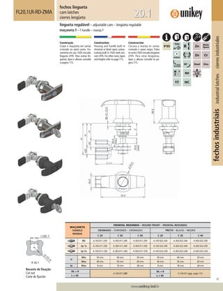 63
www.unikey.ind.br
fechosindustriaisindustriallatchescierresindustriales
20.1
MAÇANETA
HANDLE
MANIJA
FRONTAL REDONDO – ROUND FRONT – FRONTAL REDONDO
CROMADO – CHROMED – CROMADO PRETO – BLACK – NEGRO
C 20 C 30 C 40 C 20 C 30 C 40
BD A.103.011.230 A.303.011.240 A.503.011.250 A.103.022.230 A.303.022.240 A.503.022.250
2p 1s A.103.511.230 A.303.511.240 A.503.511.250 A.103.522.230 A.303.522.240 A.503.522.250
2p Vs A.103.D11.230 A.303.D11.240 A.503.D11.250 A.103.D22.230 A.303.D22.240 A.503.D22.250
H
Min 30 mm 40 mm 50 mm 30 mm 40 mm 50 mm
Max 40 mm 50 mm 60 mm 40 mm 50 mm 60 mm
ts Max 8 mm 18 mm 28 mm 8 mm 18 mm 28 mm
DL = 0
A.103.011.230
DL ≠ 0
A.103.011.yyy page 115.
L = 45 L ≠≠ 45
fechos lingueta
cam latches
cierres lengüeta
FL20,1LR-RD-ZMA
lingueta regulável – adjustable cam – lengüeta regulable
maçaneta T – T handle – manija T
Construção
Corpo e maçaneta em zamac
cromado ou epóxi preto. Tra-
vamento em aço 1020 zincado,
lingueta LP45. Para outras lin-
guetas, tipos e alturas consulte
a página 115.
Construction
Housing and handle built in
chromed or black epoxi zamac.
Locking built in 1020 steel zinc,
cam LP45.For other cams,types
and heights refer to page 115.
Construcción
Carcasa y manija en zamac
cromado o epoxi negro. Traba
enacero1020cincado,lengüeta
LP45. Para otras lengüetas,
tipos y alturas consulte la pá-
gina 115.
Recorte de ﬁxação
Cut out
Corte de ﬁjación
 